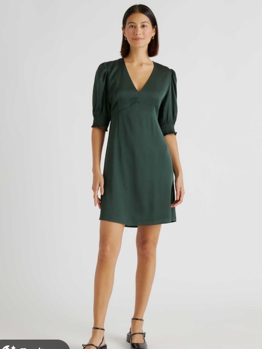 Quince Forest Green V-Neck Short Puff Sleeve silk midi Dress S